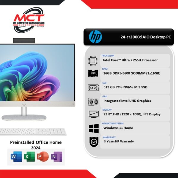 HP 24-cr2000d 23.8" FHD All-in-One Desktop PC Shell White (CU7-255U, 16GB DDR5, 512GB SSD, Intel, W11, HS+M365, 3Y)
