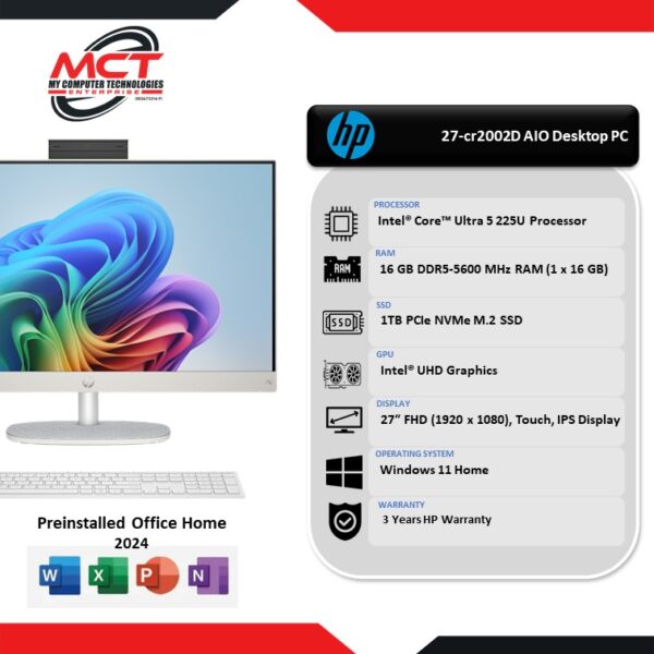 HP AI 27-cr2002D 27" FHD Touch All-in-One Desktop PC Shell White (CU5-225U, 16GB DDR5, 1TB SSD, Intel, W11, HS+M365, 3Y)