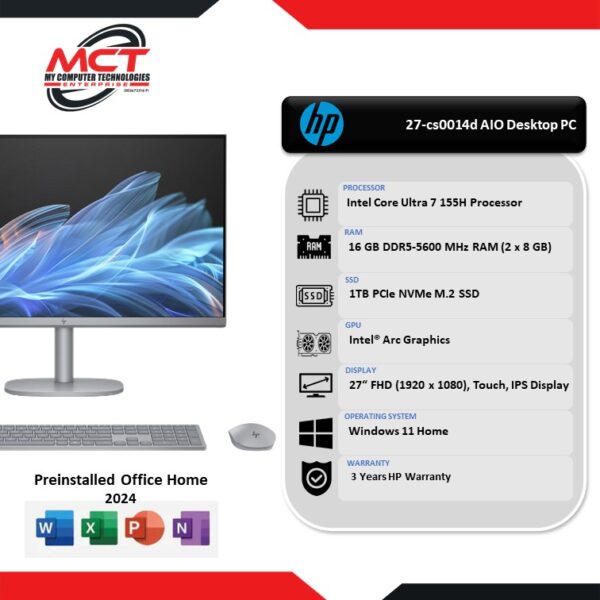 HP OmniStudio X 27-cs0014d 27" FHD Touch All-in-One Desktop PC Meteor Silver (CU7-155H, 16GB DDR5, 1TB SSD, Intel, W11, H&S+M365, 3Y)