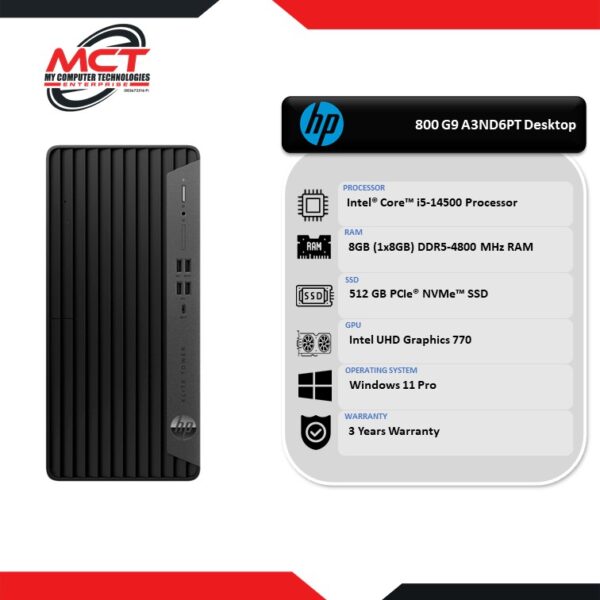 HP Elite Tower 800 G9 A3ND6PT Desktop PC Black (I5-14500, 8GB DDR5, 512GB SSD, Intel, W11P, 3Y)