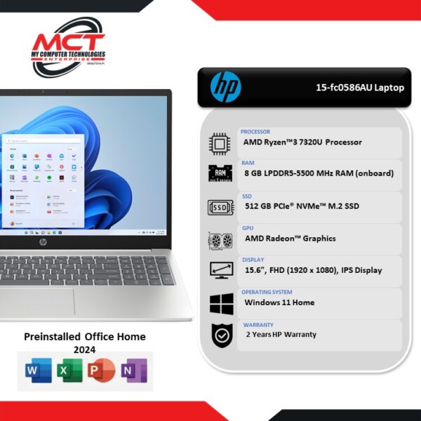 HP 15-fc0586AU 15.6" FHD Laptop Diamond White (R3-7320U, 8GB LPDDR5, 512GB SSD, ATI, W11, HS+M365 , 2Y)