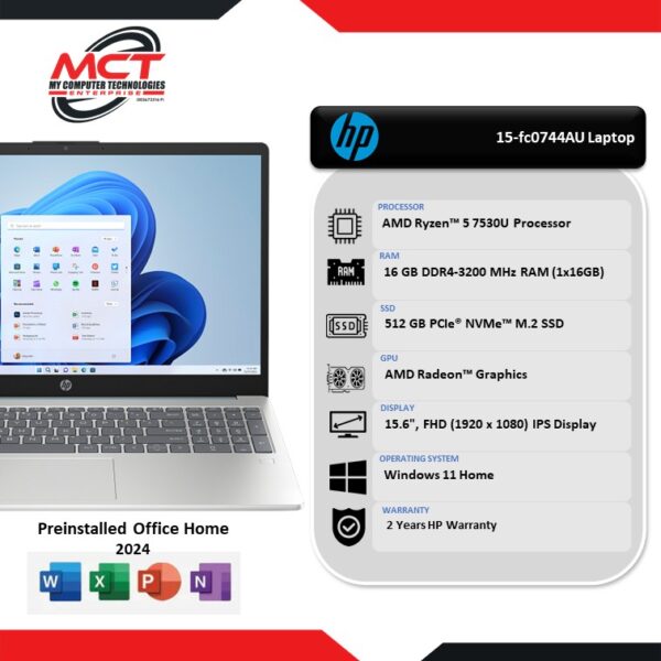 HP 15-fc0744AU 15.6" FHD Laptop Moonlight Blue (R5-7530U, 16GB DDR4, 512GB SSD, ATI, W11, HS+M365 , 2Y)