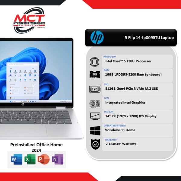 HP OmniBook 5 Flip 14-fp0095TU 14" 2K Touch Laptop Glacier Silver (C5-120U, 16GB LPDDR5, 512GB SSD, Intel, W11, HS+M365 , 2Y)