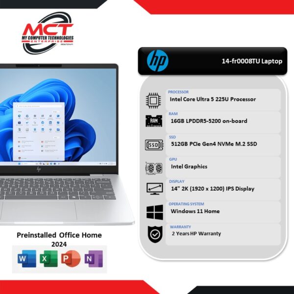 HP OmniBook 7 AI 14-fr0008TU 14" 2K Laptop Glacier Silver (CU5-225U, 16GB LPDDR5, 512GB SSD, Intel, W11, HS+M365 , 2Y)