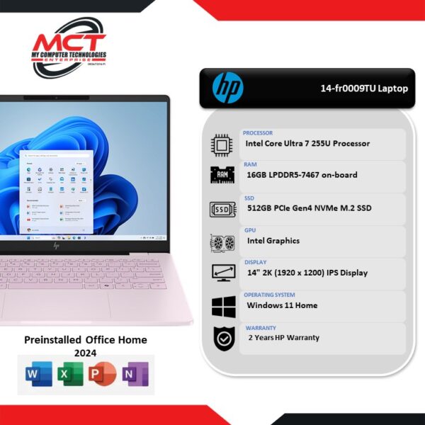 HP OmniBook 7 AI 14-fr0009TU 14" 2K Laptop Powder Pink (CU7-255U, 16GB LPDDR5, 512GB SSD, Intel, W11, HS+M365 , 2Y)
