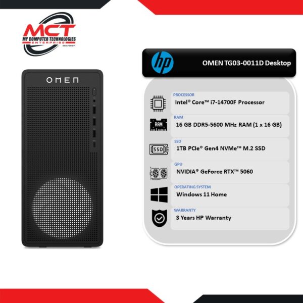 HP OMEN TG03-001D 16L Gaming Desktop PC Black Metal (I7-14700F, 16GB DDR5, 1TB SSD, RTX5060Ti 16GB, W11 , 3Y)