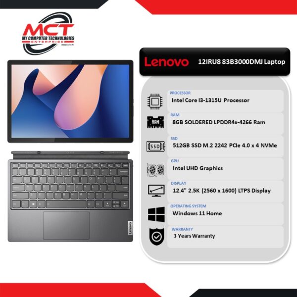 Lenovo IdeaPad Duet 5 12IRU8 83B3000DMJ 2-In-1 Laptop (I3-1315U, 8GB LPDDR4x, 512GB, intel UHD, W11, 3Y)