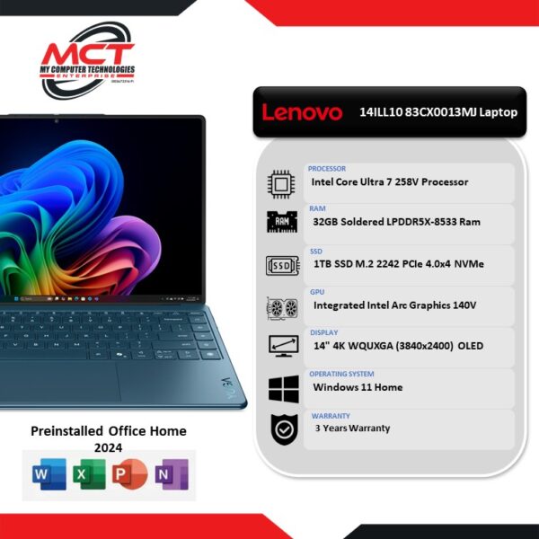 Lenovo Yoga Slim 9 14ILL10 83CX0013MJ 14" 4K WQUXGA Touch Laptop Tidal Teal (CU7-258V, 32GB LPDDR5X, 1TB SSD, Intel Arc, W11, HS+M365, 2Y)