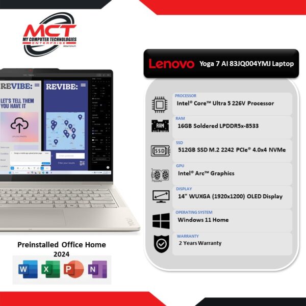 Lenovo Yoga 7 AI 83JQ004YMJ 14" WUXGA 2 in 1 Laptop (CU5-226V , 16GB LPDDR5x, 512GB SSD, Intel® Arc, W11, 2Y)