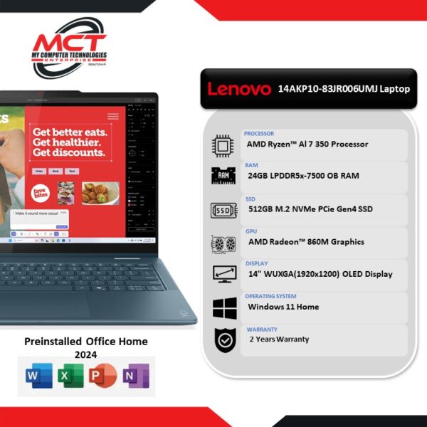 LENOVO Yoga 7 2-IN-1 14AKP10-83JR006UMJ 14" Laptop Tidal Teal (R7-350, 24GB LPDDR5x, 512GB SSD, AMD Radeon, HS, W11, 2Y)