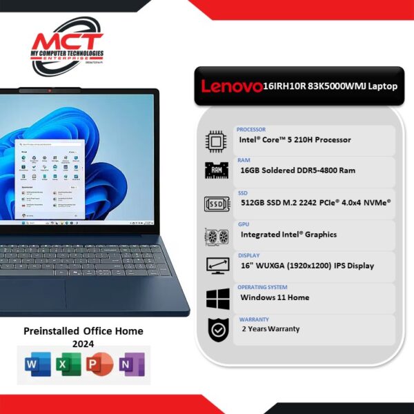 Lenovo IdeaPad Slim 3 16IRH10R 83K5000WMJ 16" WUXGA Laptop Cosmic Blue (C5-210H, 16GB DDR5, 512GB, intel, W11, HS+M365, 2Y)