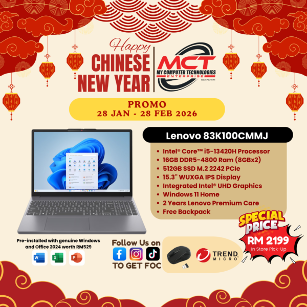 Lenovo IdeaPad Slim 3 15IRH10 83K100CMMJ 15.3" WUXGA Laptop Luna Grey (I5-13420H, 16GB DDR5, 512GB SSD, intel, W11, HS+M365, 2Y)