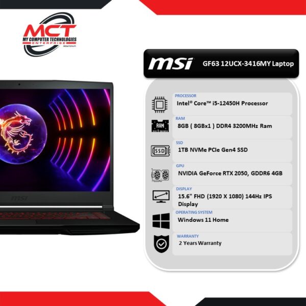 MSI Thin GF63 12UCX-3416MY 15.6'' FHD Gaming Laptop (I5-12450H, 8GB DDR4, 1TB SSD, RTX2050 4GB, W11, 2Y)