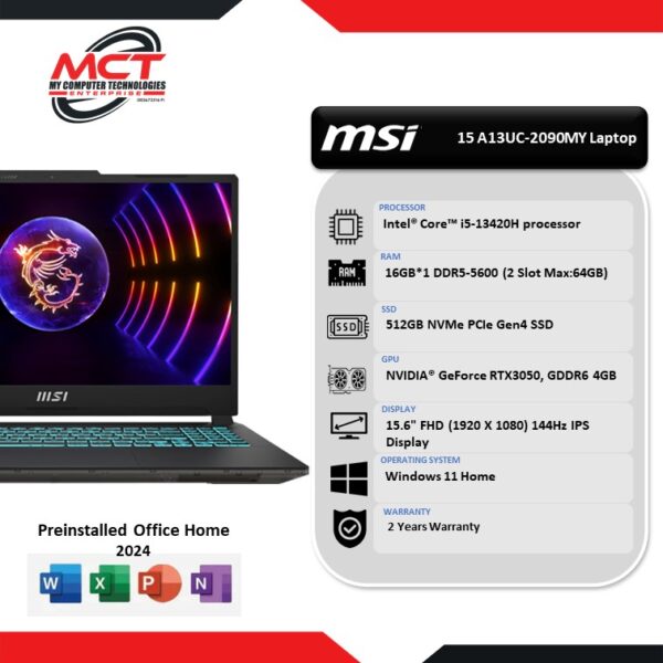 MSI Cyborg 15 A13UC-2090 15.6'' FHD Gaming Laptop (I5-13420H, 16GB DDR5, 512GB SSD, RTX3050 4GB, W11, HS, 2Y)