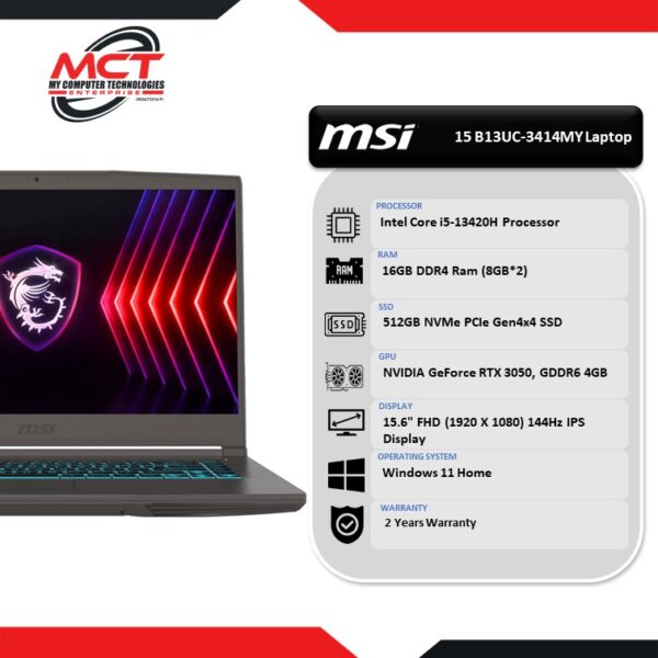 MSI Thin 15 B13UC-3414MY 15.6'' FHD Gaming Laptop Cosmos Gray (I5-13420H, 16GB DDR4, 512GB SSD, RTX3050 4GB, W11, 2Y)
