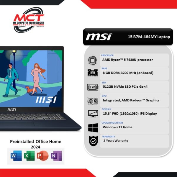 MSI Modern 15 B7M-484MY 15.6'' FHD Laptop Classic Black (R5-7430U,8GB DDR4, 512GB SSD, AMD Radeon, HS, W11, 2Y)