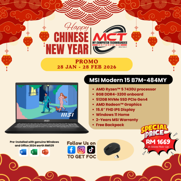 MSI Modern 15 B7M-484MY 15.6'' FHD Laptop Classic Black (R5-7430U,8GB DDR4, 512GB SSD, AMD Radeon, HS, W11, 2Y)