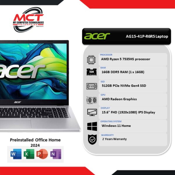 Acer Aspire Go 15 AG15-41P-R6R5 15.6" IPS Laptop (5-7535HS, 16GB DDR5, 512GB SSD, AMD Radeon, W11, HS+M365, 2Y)