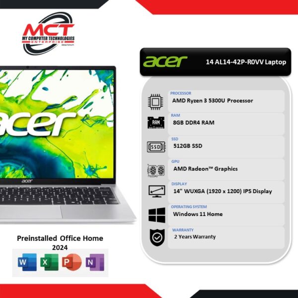 Acer Aspire Lite 14 AL14-42P-R0VV 14" IPS WUXGA Laptop Pure Silver (R3 5300U, 8GB DDR4, 512GB, AMD, W11, HS+M365, 2Y)
