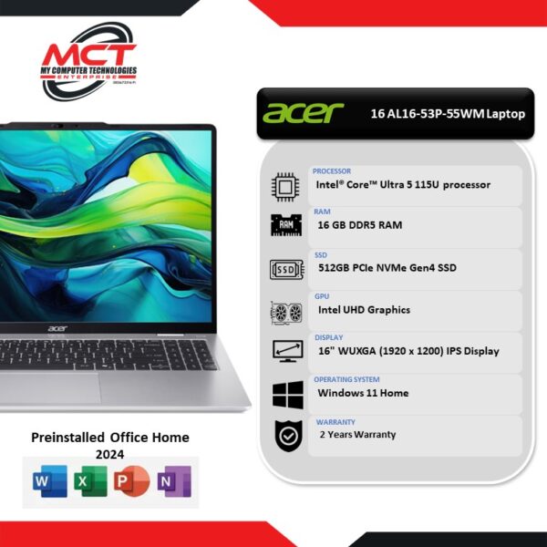 Acer Aspire Lite 16 AL16-53P-55WM 16" WUXGA Laptop Pure Silver (CU5-115U, 16GB DDR5, 512GB SSD, Intel, W11, HS+M365, 2Y)