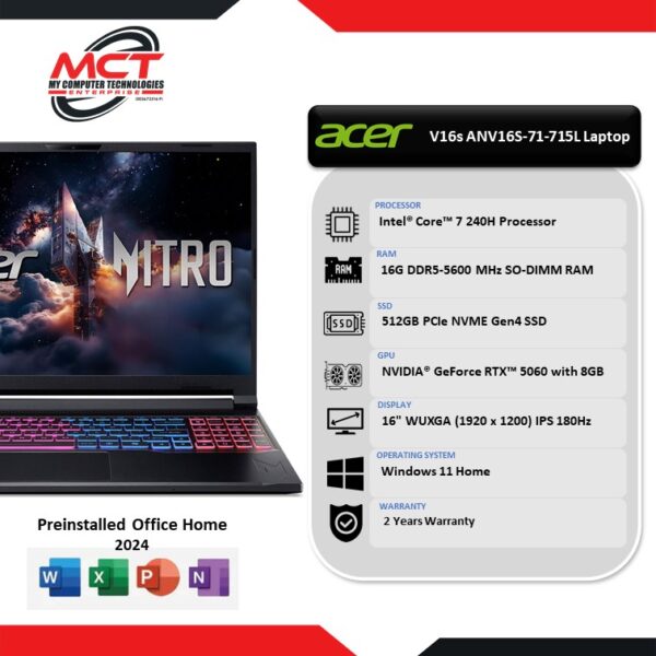Acer Nitro V16s ANV16S-71-715L 16" WQXGA 180Hz Gaming Laptop (C7-240H, 16GB DDR5, 512GB SSD, RTX? 5060, W11, HS, 2Y)