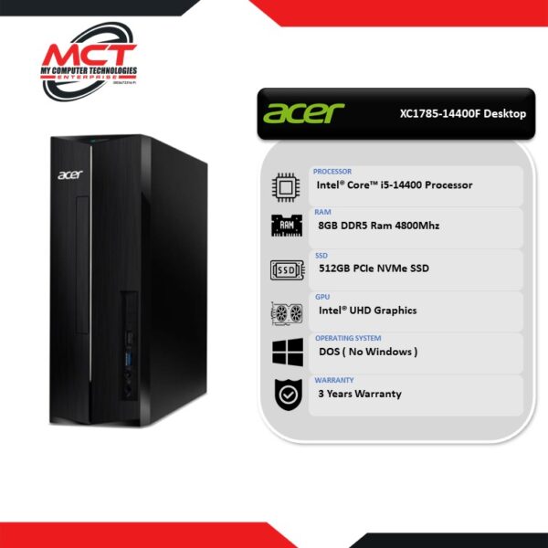 Acer Aspire XC1785-14400F Desktop PC Black (I5-14400, 8GB DDR5, 512GB SSD, Intel, DOS, 3Y)