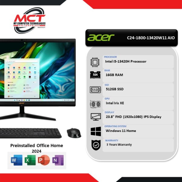Acer Aspire AIO C24-1800-13420W11 All in One PC (I5-13420H, 16GB DDR4, 512GB SSD, Iris XE, W11, HS+M365, 3Y)