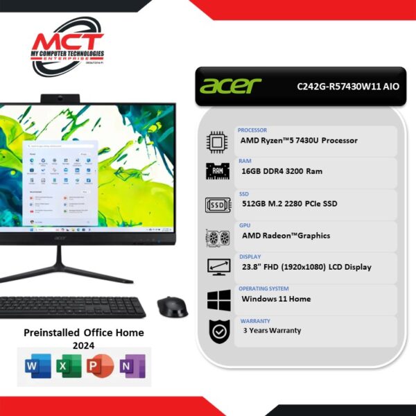 Acer Aspire C242G-R57430W11 23.8" FHD All-In-One Desktop PC (R5 7430U, 16GB DDR4, 512GB SSD, ATI, W11, HS+M365, 3Y)