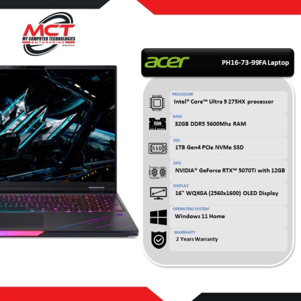 Acer Predator Helios 16 AI PH16-73-99FA 16" WQXGA OLED 240Hz Gaming Laptop (CU9-275HX, 32GB DDR5, 1TB SSD, RTX™ 5070Ti, W11, 2Y)