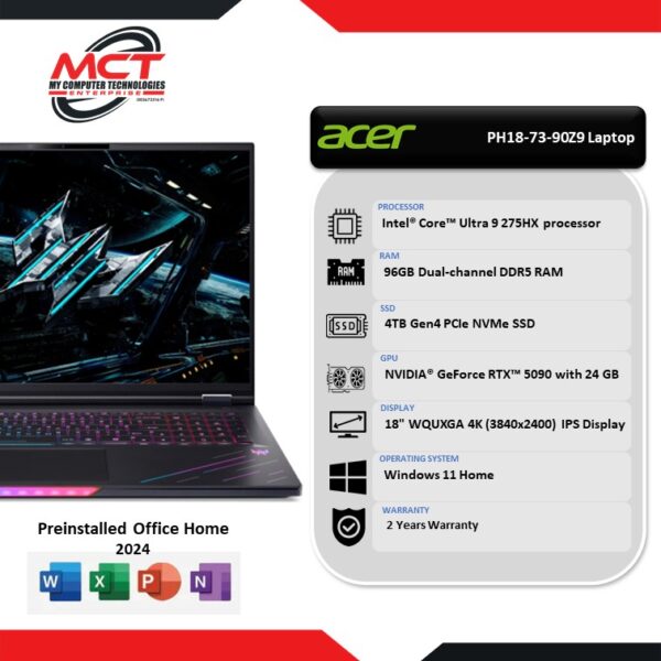 Acer Predator Helios 18 AI PH18-73-90Z9 18" WQUXGA 4K Gaming Laptop (CU9-275HX, 96GB DDR5 , 4TB SSD, RTX™ 5090, W11, HS+M365, 2Y)