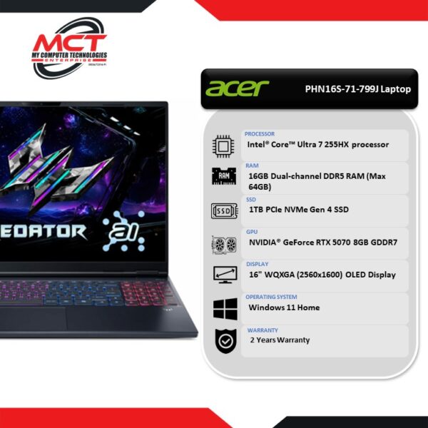 Acer Predator Helios Neo 16S AI PHN16S-71-799J 16" WQXGA Gaming Laptop (CU7-255HX, 16GB DDR5, 1TB SSD, RTX? 5070, W11, 2Y)