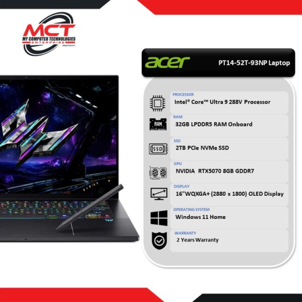 Acer Predator Triton 14 Ai PT14-52T-93NP 14.5" WQXGA 120Hz Laptop (CU9 288V, 32GB LPDDR5, 2TB SSD, RTX™ 5070, W11, HS, 2Y)