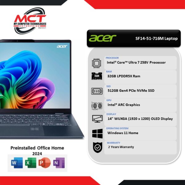 Acer Swift 14 AI SF14-51-716M 14" WUXGA OLED Laptop (CU7-258V, 32GB LPDDR5X, 512GB SSD, Intel Arc, W11, HS+M365, 2Y)