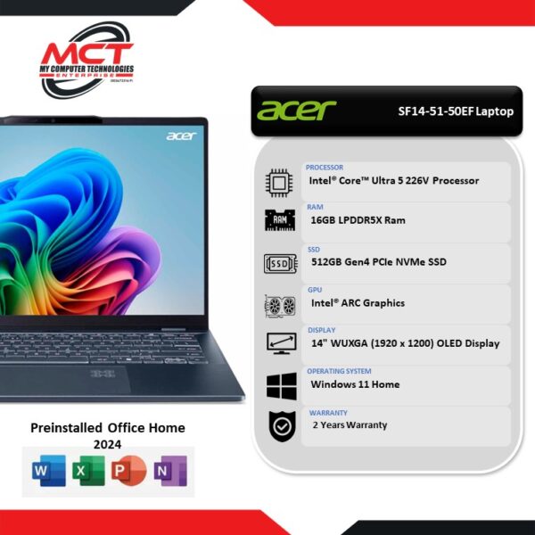 Acer Swift 14 AI SF14-51-50EF 14" WUXGA OLED Laptop (CU5-226V, 16GB LPDDR5X, 512GB SSD, Intel Arc, W11, HS+M365, 2Y)