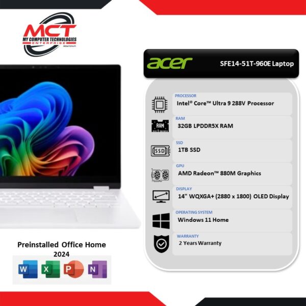 ACER SWIFT EDGE 14 AI SFE14-51T-960E 14" WQXGA+ Gaming Laptop (CU9-288V, 32GB DDR5, 1TB SSD, Intel® Arc, W11, 2Y)