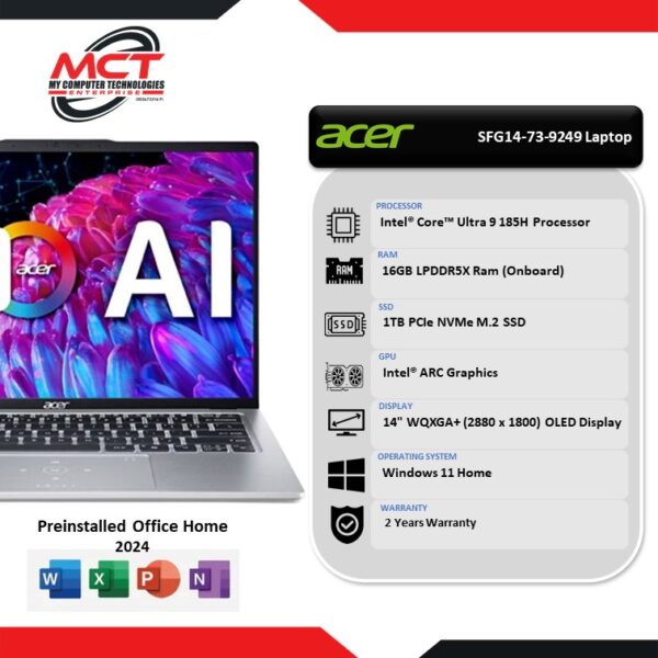 Acer Swift GO 14 SFG14-73-9249 14" 2.8K OLED Laptop Pure Silver (CU9-185H, 16GB LPDDR5X, 1TB, Intel Arc, W11, HS+M365, 2Y)