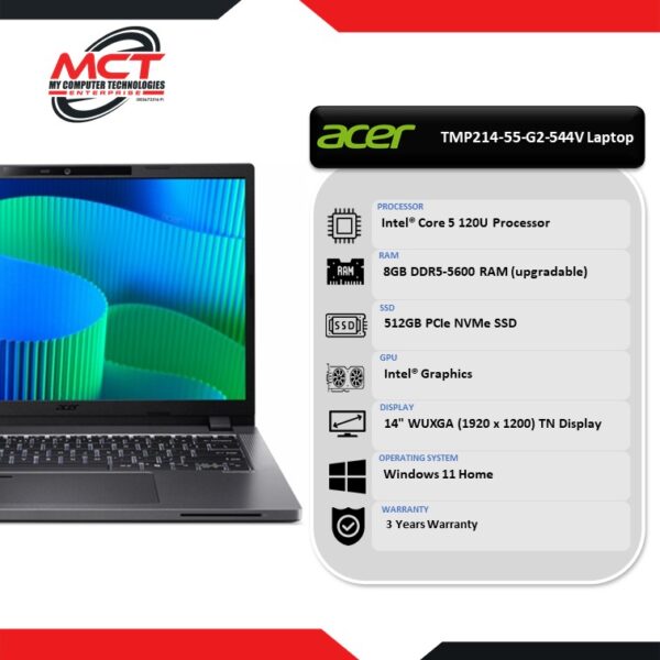 Acer TravelMate TMP214-55-G2-544V 14'' WUXGA Laptop Grey (C5-120U, 8GB DDR5, 512GB SSD, Intel, W11P, 3Y)