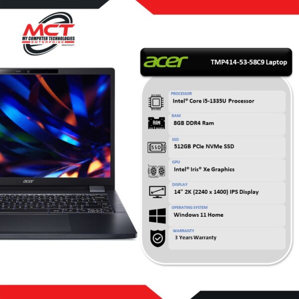 Acer TravelMate TMP414-53-58C9 14'' 2K Laptop Blue (I5-1335U, 8GB DDR4, 512GB SSD, Intel, W11P, 3Y)