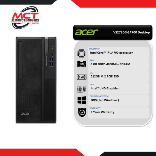 Acer Veriton 2000 VS2720G-14700 Desktop PC (I7-14700, 8GB DDR5, 512GB SSD, Intel, DOS, 3Y)