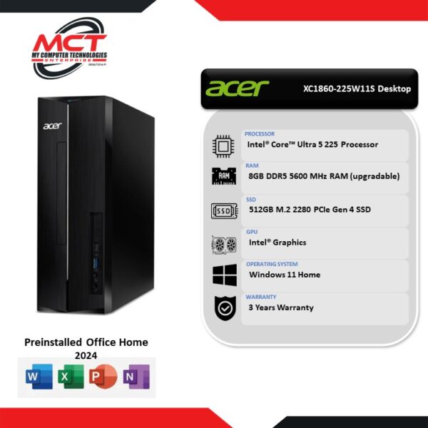 Acer Aspire XC1860-225W11S Desktop PC Black (CU5-225, 8GB DDR5, 512GB SSD, Intel, W11, HS+M365, 3Y)