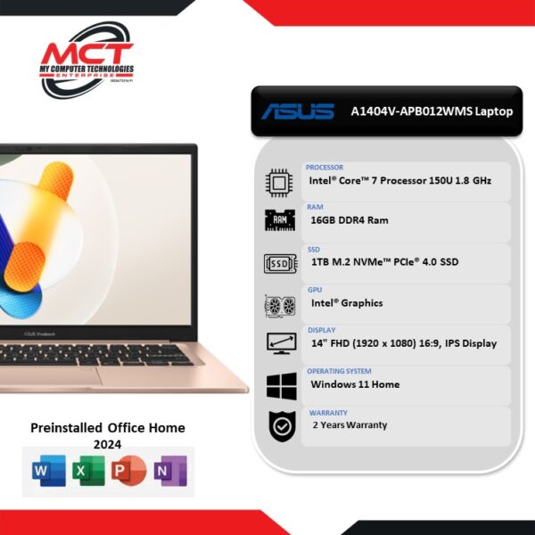 Asus VivoBook 14 A1404V-APB012WMS 14'' FHD Laptop Terra Cotta (C7 150U, 16GB DDR4, 1TB SSD, Intel, W11, HS+M365, 2Y)