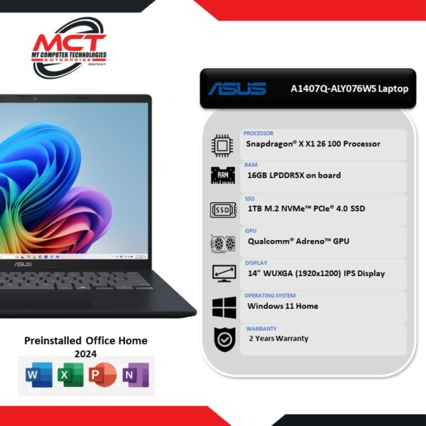 Asus Vivobook 14 A1407Q-ALY076WS 14" WUXGA Quiet Blue Laptop (X1 26 100, 16GB LPDDR5X, 1TB SSD, Qualcomm, W11, HS+M365, 2Y)