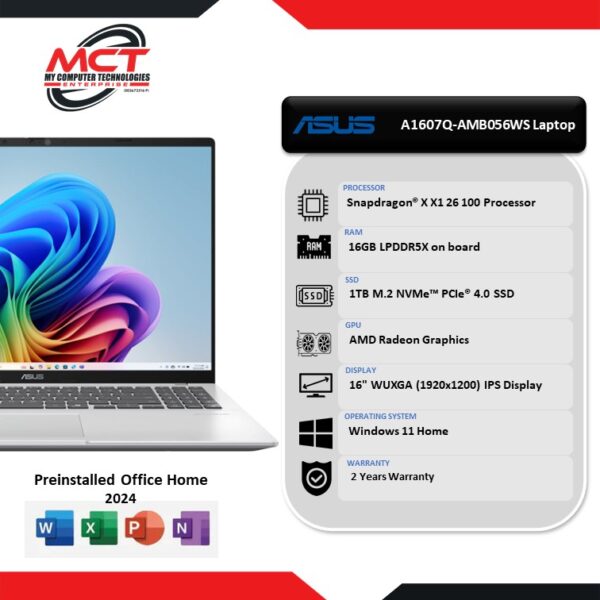 Asus Vivobook 16 A1607Q-AMB056WS 16 "WUXGA Laptop Cool Silver (X1 26 100, 16GB LPDDR5X, 1TB SSD, Qualcomm, W11, HS+M365, 2Y)