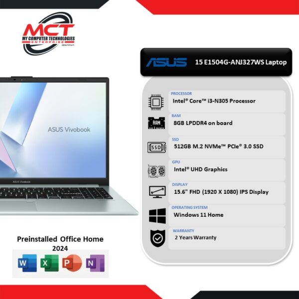 Asus VivoBook Go 15 E1504G-ANJ327WS 15.6'' FHD Laptop Grey Green (i3-N305, 8GB LPDDR4, 512GB SSD, Intel, W11, HS+M365, 2Y)