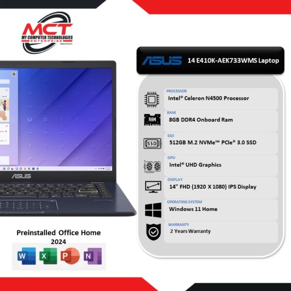 Asus Vivobook Go 14 E410K-AEK733WMS 14'' FHD Laptop Star Black (Celeron N4500, 8GB DDR4, 512GB SSD, Intel, W11, HS+M365, 2Y)