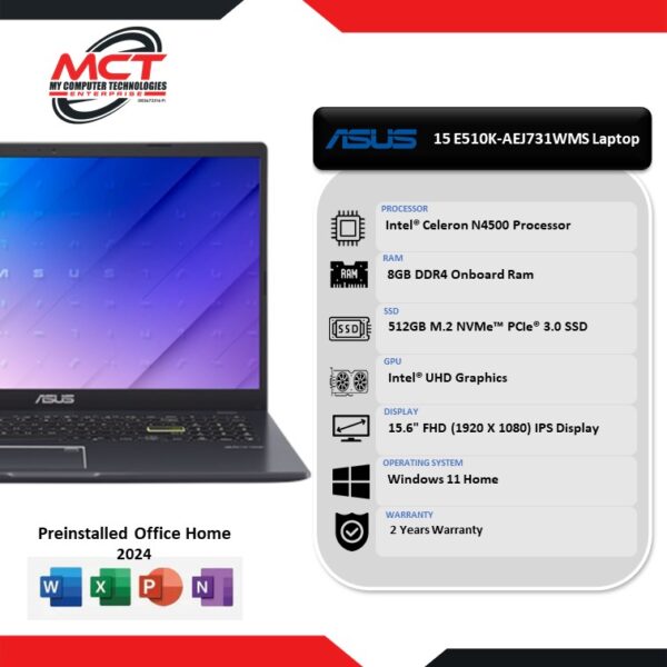 Asus Vivobook Go 15 E510K-AEJ731WMS 15.6'' FHD Laptop Peacock Blue (Celeron N4500, 8GB DDR4, 512GB SSD, Intel, W11, HS+M365, 2Y)