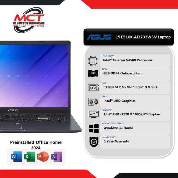 Asus Vivobook Go 15 E510K-AEJ733WSM 15.6'' FHD Laptop Star Black (Celeron N4500, 8GB DDR4, 512GB SSD, Intel, W11, HS+M365, 2Y)