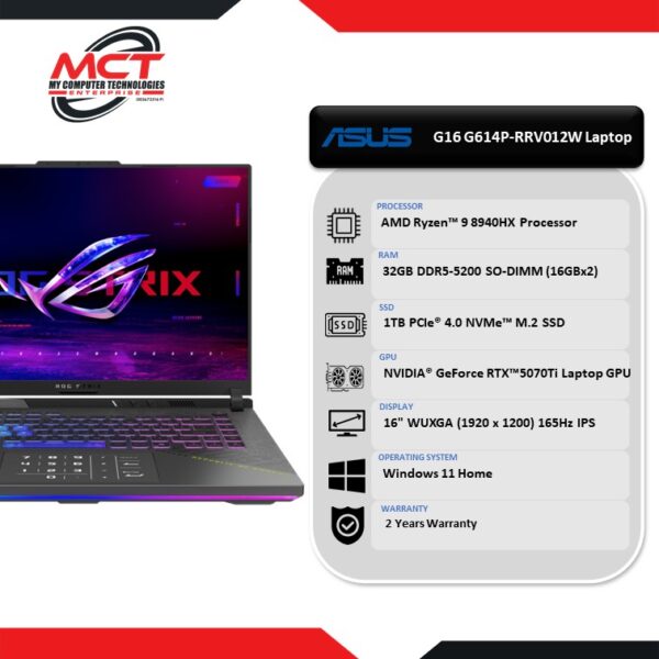 Asus ROG Strix G16 G614P-RRV012W 16'' FHD+ 165Hz Gaming Laptop Eclipse Gray (R9-8940HX, 32GB DDR5, 1TB SSD, RTX5070Ti, W11, 2Y)