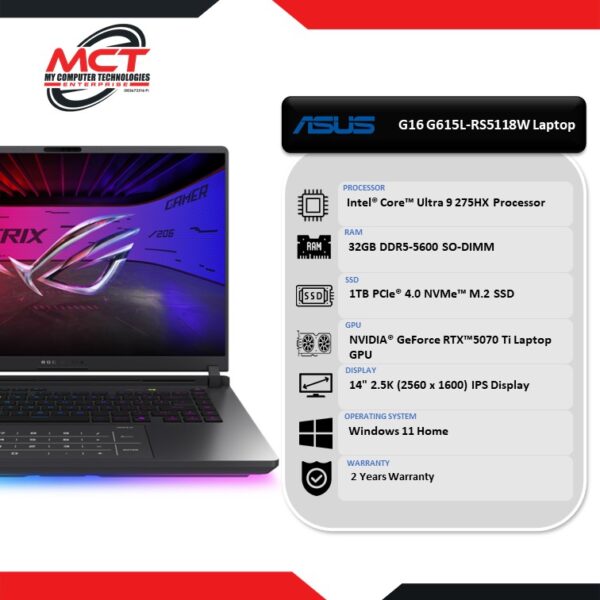 Asus ROG Strix G16 G615L-RS5118W 16'' 2.5K 240Hz Gaming Laptop Volt Green (CU9-275HX, 32GB DDR5, 1TB SSD, RTX5070Ti, W11, 2Y)