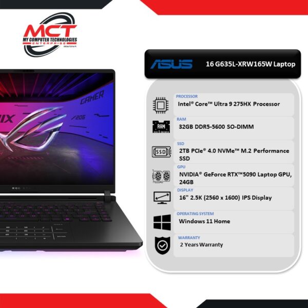 Asus ROG Strix SCAR 16 G635L-XRW165W 16'' 2.5K 240Hz Gaming Laptop Off Black (CU9-275HX, 32GB DDR5, 2TB SSD, RTX5090, W11, 2Y)